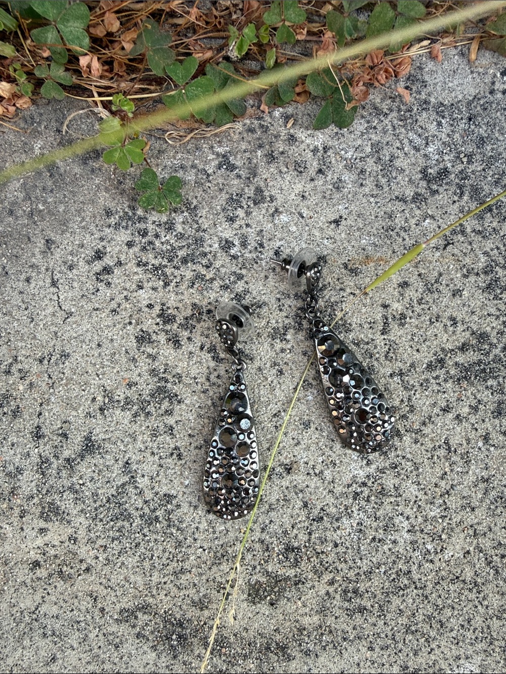 Smoky Black Teardrop Dangle Earrings with Crystal Accents
